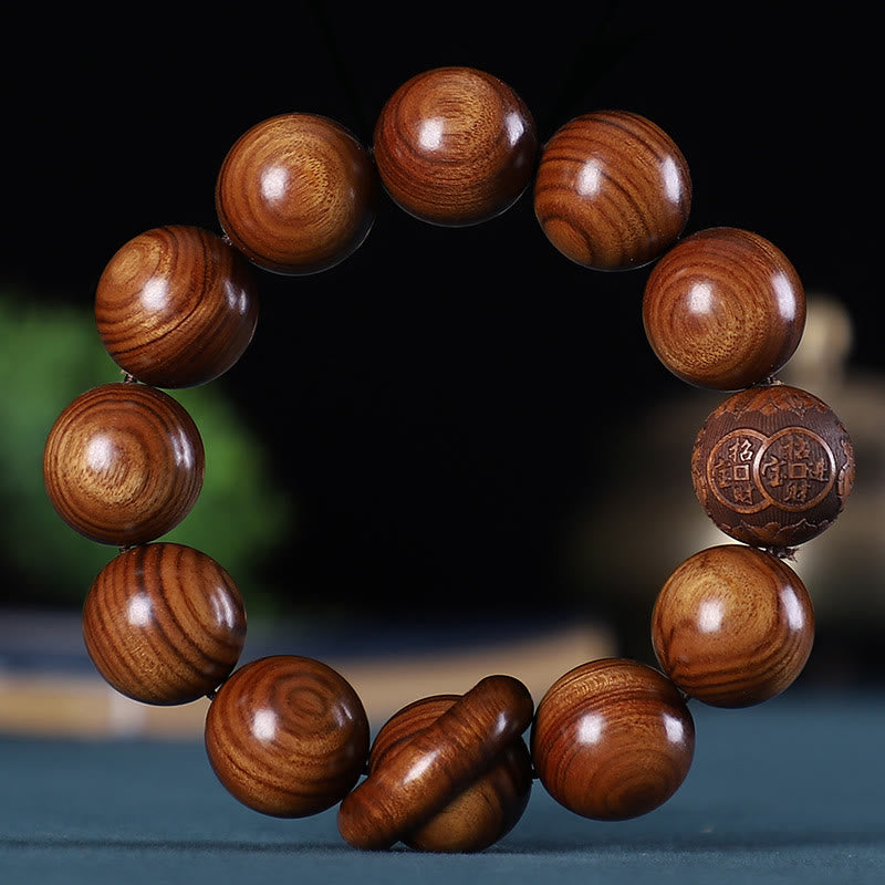 Buddha Stones、十二支、ローズウッド、緑檀、黒檀、銅貨彫刻、落ち着いたブレスレット - ローズウッド - image 1