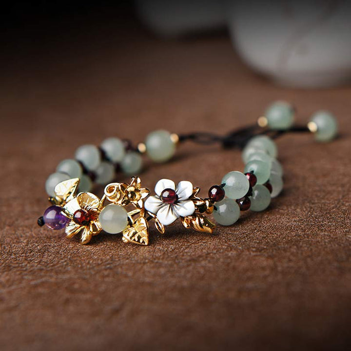 グリーンアベンチュリン ガーネット ビーズ 花びら 幸運 パワーストーンブレスレット Buddha Stones
