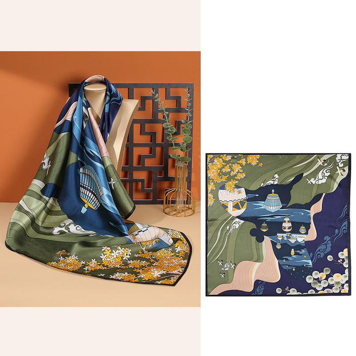 Buddha Stones、田園風景、熱気球、春の花、100% マルベリーシルク ネックスカーフ