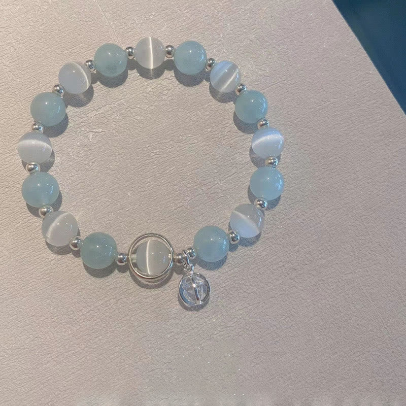 Buddha Stones 925スターリングシルバー キャッツアイ アクアマリン サポートチャームブレスレット