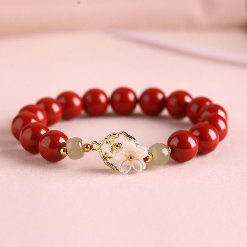 Buddha Stones天然辰砂翡翠ビーズ入りシャコガイ石花の祝福ブレスレット