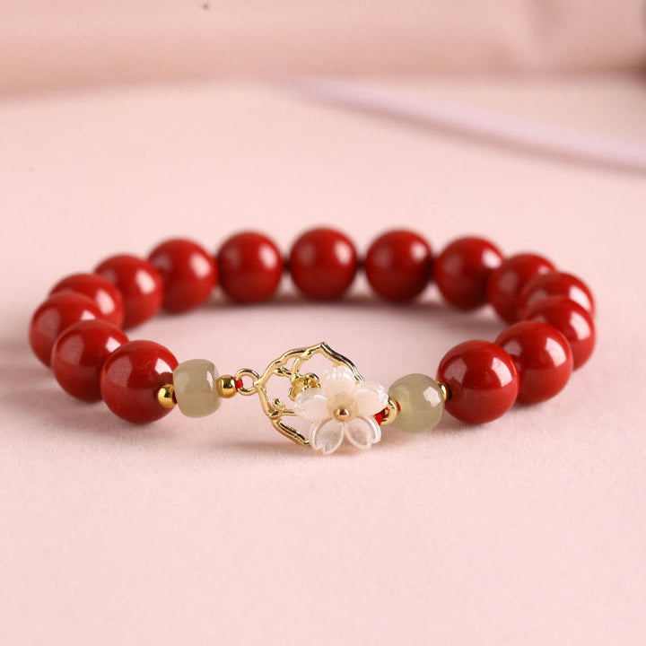 Buddha Stones天然辰砂翡翠ビーズ入りシャコガイ石花の祝福ブレスレット