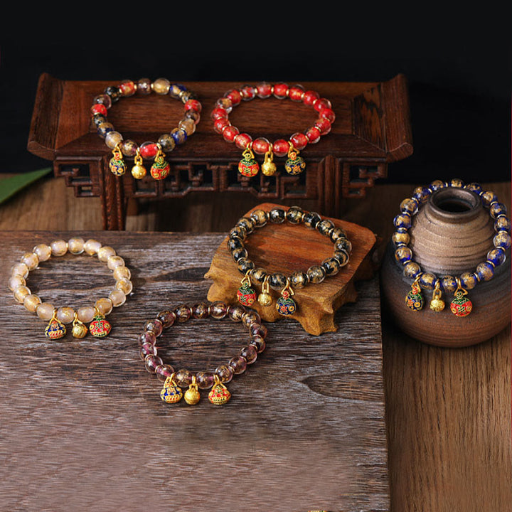 Buddha Stones金呑み獣ファミリーチャーム 金銀箔 琉璃ガラスビーズ 祝福ブレスレット