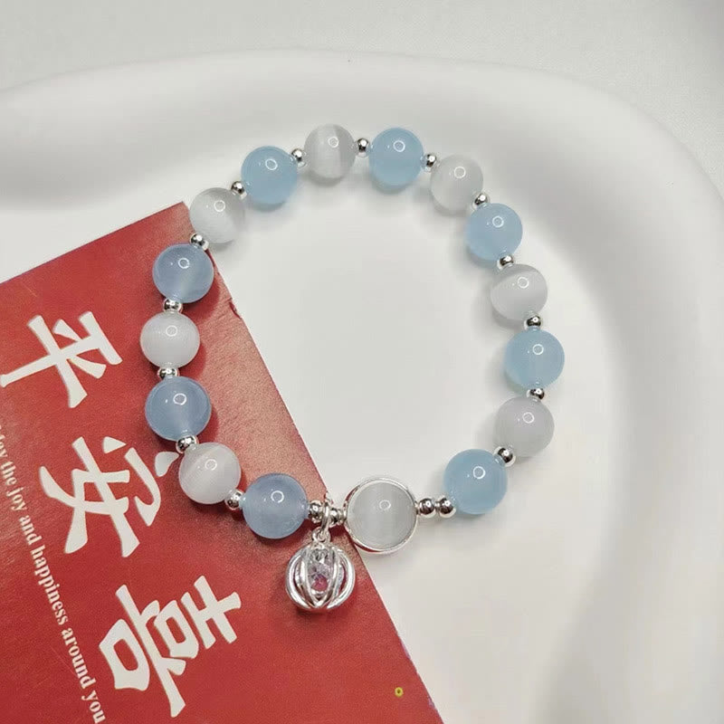 Buddha Stones 925スターリングシルバー キャッツアイ アクアマリン サポートチャームブレスレット