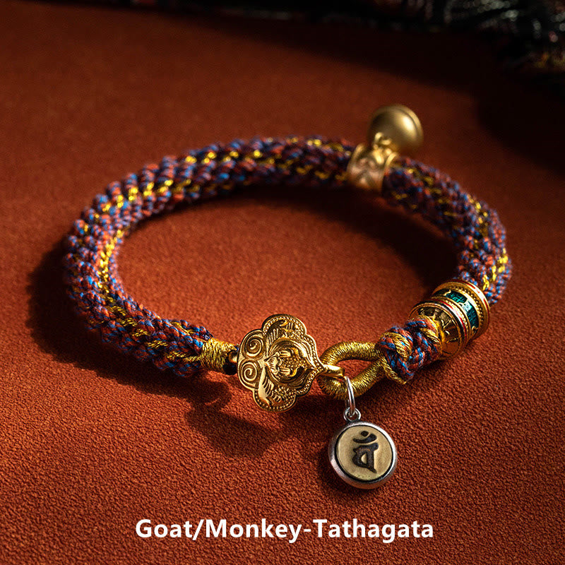 Buddha Stones925 スターリングシルバー十二支誕生仏オーム・マニ・パドメ・フム幸運の鐘 編み込みストリングブレスレット