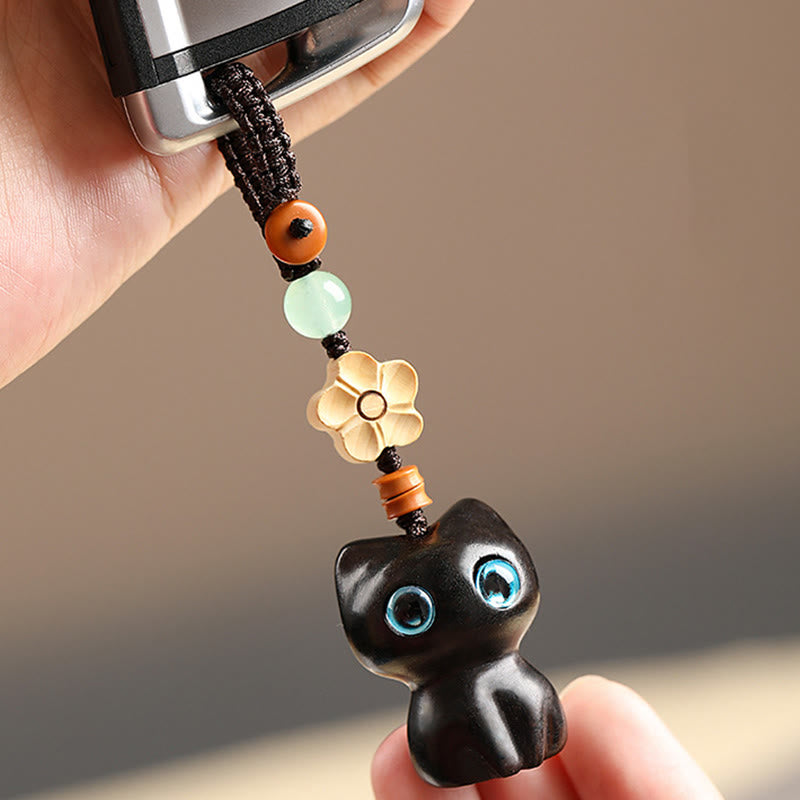 Buddha Stonesミニ小葉紫檀黒檀キャットラブリーキティピースキーチェーン電話吊り下げ装飾 - image 6