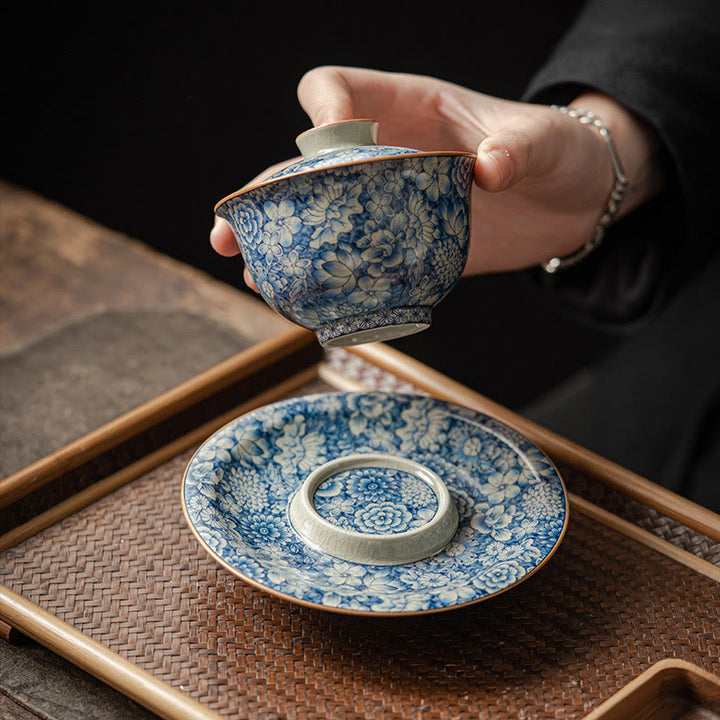 Buddha Stonesヴィンテージ青と白の磁器桃の花蓮牡丹セラミック蓋碗三彩ティーカップカンフーティーカップとソーサー蓋付き