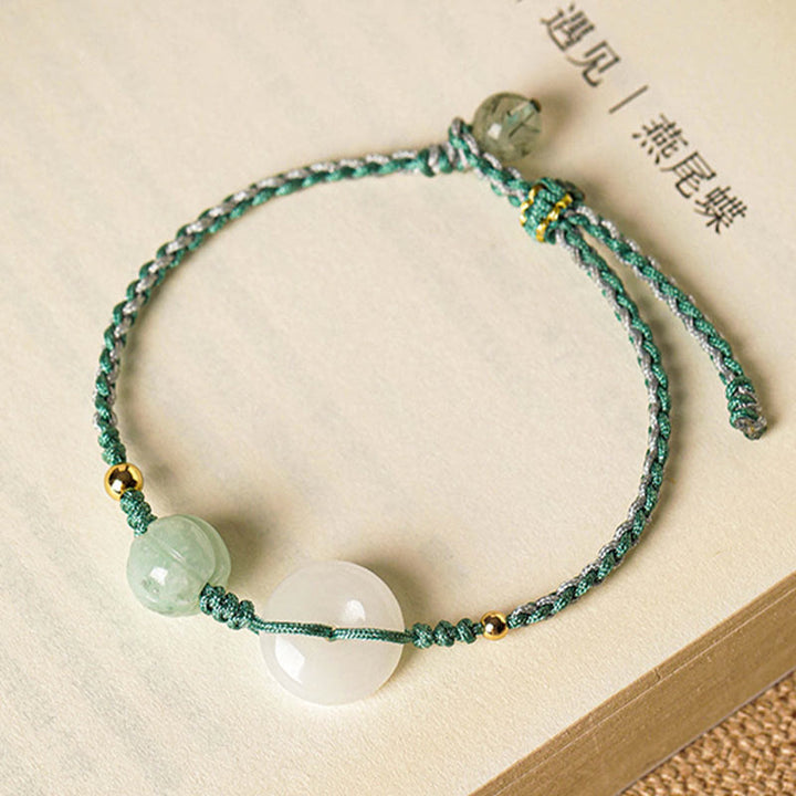 Buddha Stones白翡翠 平和バックル かぼちゃビーズ 幸運の祝福 編み込みブレスレット