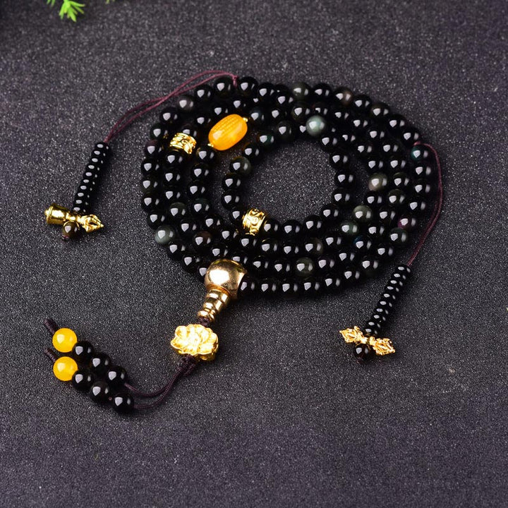 Buddha Stones108 ビーズ 天然黒曜石 蓮 成就Malaブレスレット