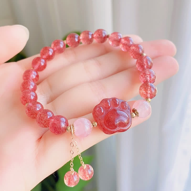 Buddha Stones天然ストロベリークォーツ ピンククリスタル ラッキーキャットポー ラブブレスレット - image 3