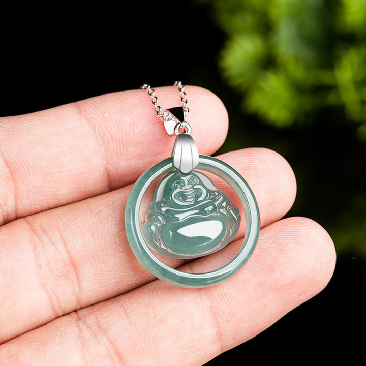 Buddha Stones925スターリングシルバー 天然翡翠 ラウンド 笑い仏 豊穣 チェーンネックレス ペンダント