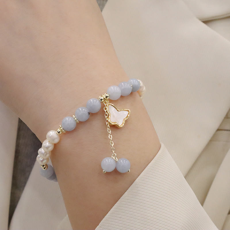 Buddha Stones天然アクアマリンパール ヒーリング イチョウの葉 バタフライ チャームブレスレット