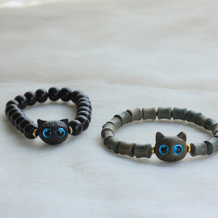 Buddha Stones、黒檀、緑白檀、かわいい猫の平和ブレスレット