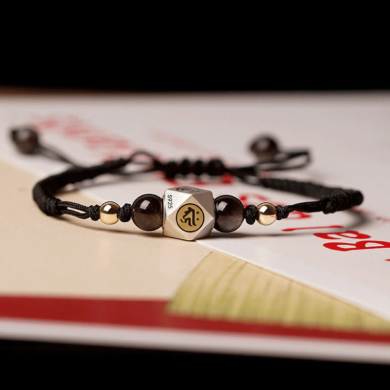 Buddha Stonesハンドメイド 925 スターリングシルバー十二支誕生仏辰砂 落ち着いた編み込みブレスレット - 黒太ロープ（手首周り14～17cm） - 犬/豚-阿弥陀仏 - image 3