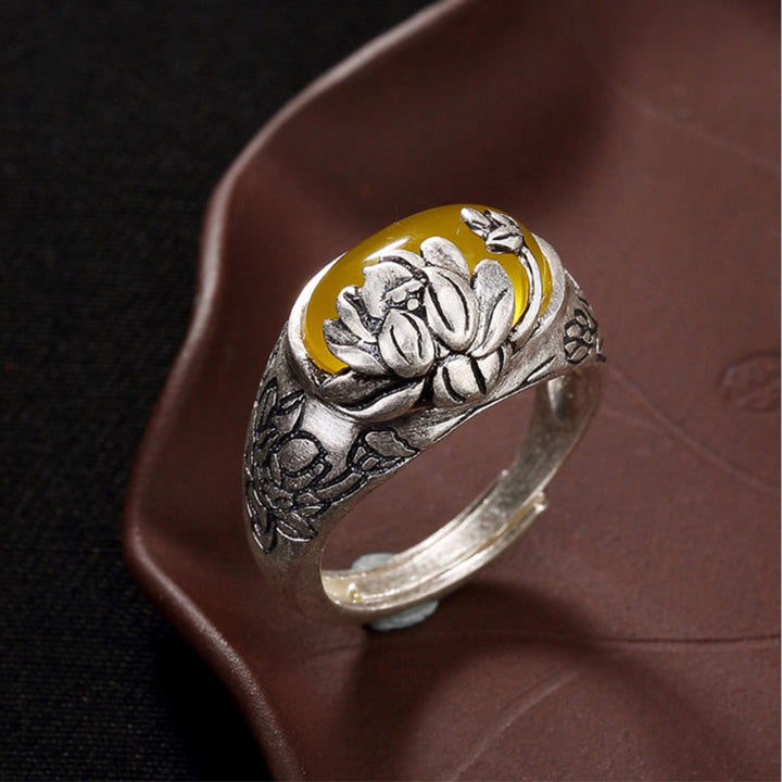 Buddha Stonesシトリン 蓮華の祝福 保護 調節可能なリング