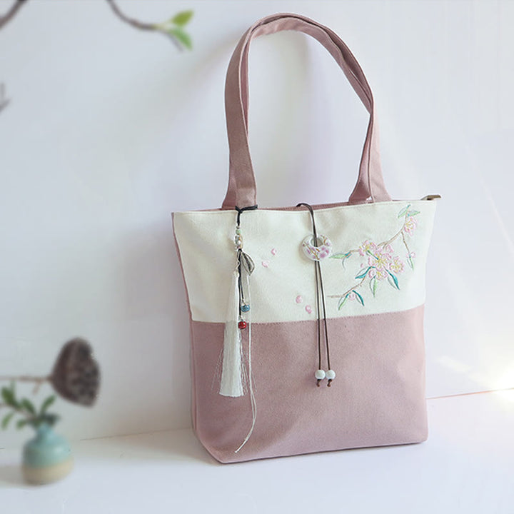 梨花 梅 桃の花 竹刺繍 キャンバス 大容量 ショルダーバッグ トートバッグ