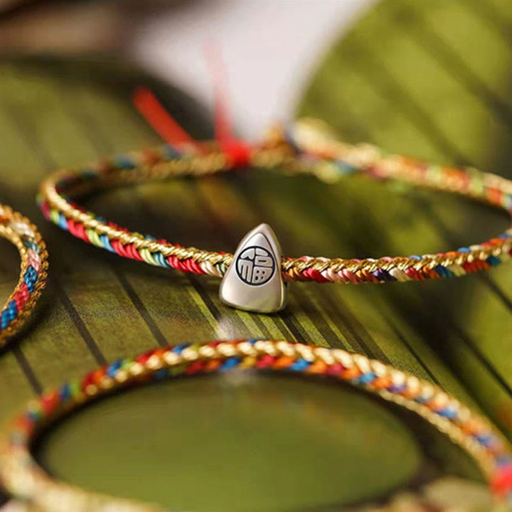 Buddha Stones925 スターリングシルバー 福文字粽柄 マルチカラーストリング 幸運 ハンドメイド 編み込みブレスレット