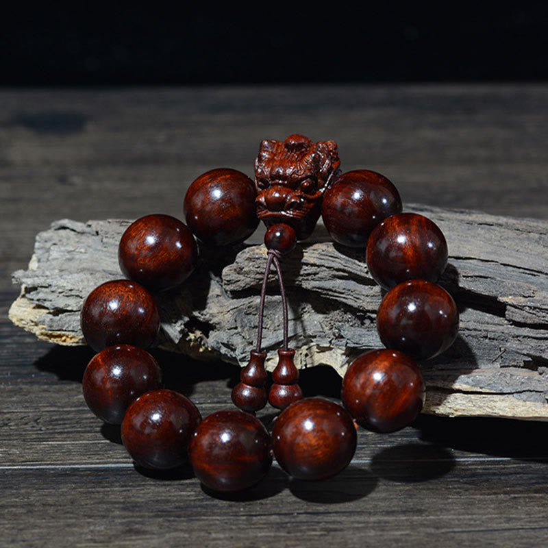 Buddha Stones、ローズウッド、グリーンサンダルウッド、小葉紫檀、龍彫刻の守護ブレスレット