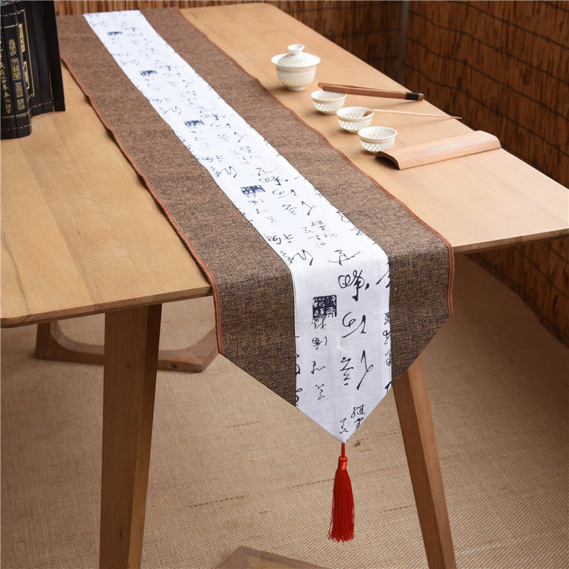 Buddha Stonesクラシックな中国風 蓮 鯉 花 鶴 書道 悟り コットン リネン タッセル テーブルランナー