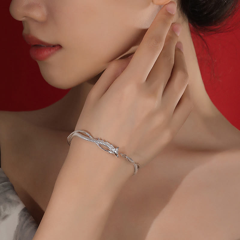Buddha Stones925スターリングシルバー 龍年デザイン 幸運のメタルカフブレスレットバングル