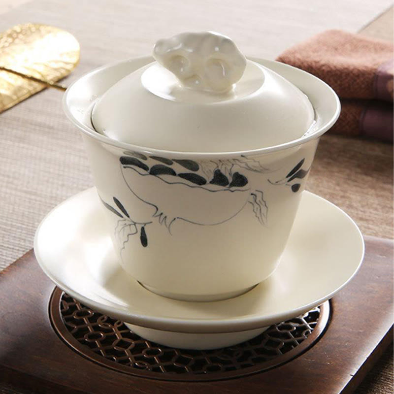 Buddha Stones手描きザクロハイビスカス松蓮陶器蓋碗三彩ティーカップカンフーティーカップ＆ソーサー蓋付き