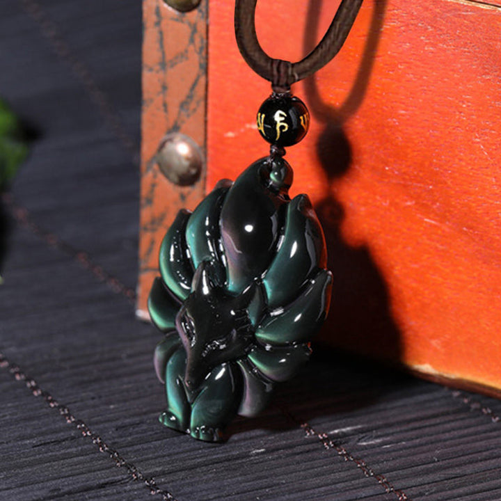 Buddha Stones天然レインボーオブシディアン ゴールドシーンオブシディアン 九尾狐 ポジティブネックレスペンダント
