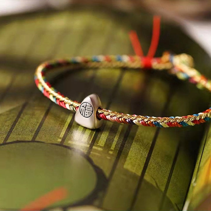 Buddha Stones925 スターリングシルバー 福文字粽柄 マルチカラーストリング 幸運 ハンドメイド 編み込みブレスレット