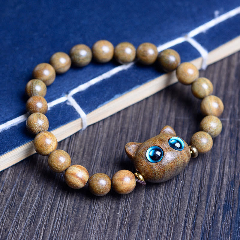 Buddha Stones、黒檀、緑檀、赤檀、愛らしい猫のバランスブレスレット - グリーンサンダルウッド猫 8mm×20ビーズ（手首周り14～16cm） - image 9