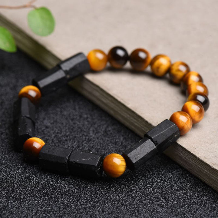 Buddha Stones天然ブラックトルマリン タイガーアイ ポジティブブレスレット