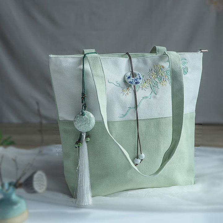 梨花 梅 桃の花 竹刺繍 キャンバス 大容量 ショルダーバッグ トートバッグ