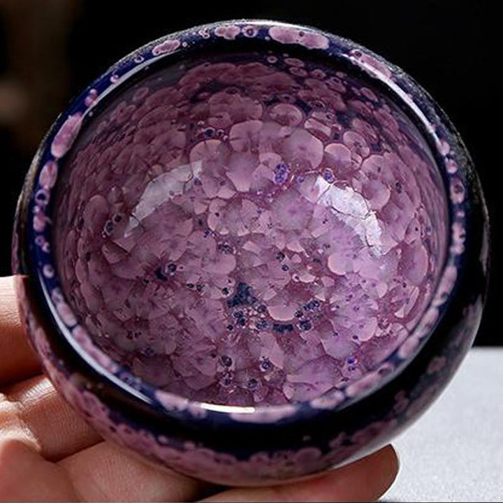 Buddha Stones、カラフルなアイリスの花、中国建展窯変磁器ティーカップ、天目カンフーティーカップ