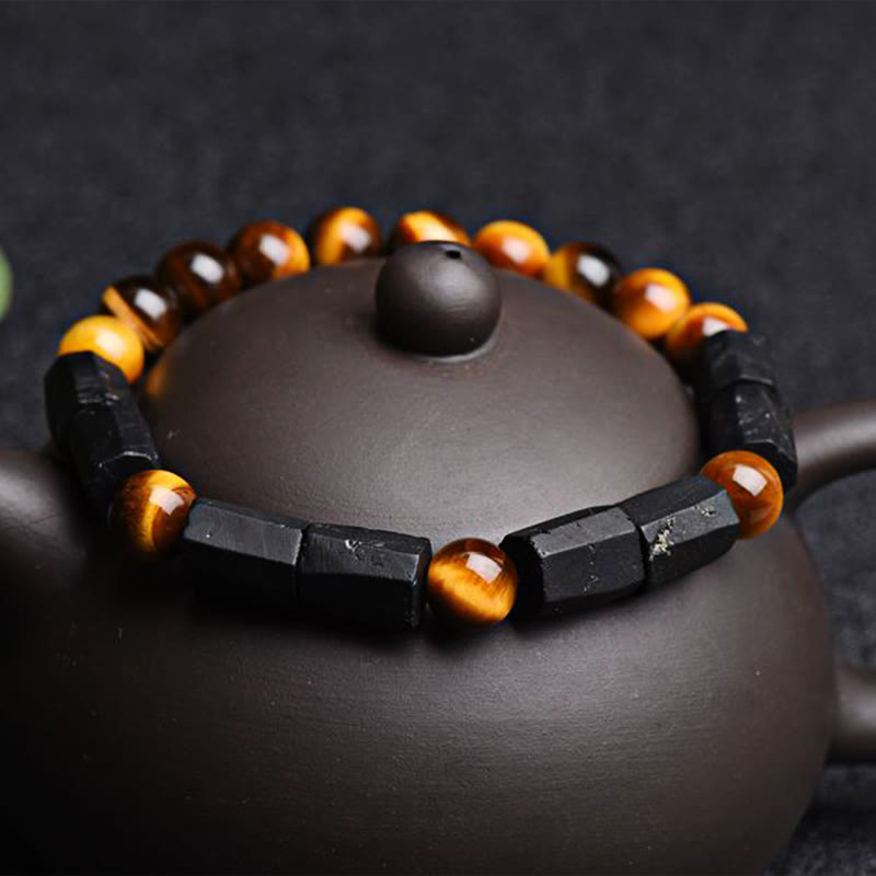 Buddha Stones天然ブラックトルマリン タイガーアイ ポジティブブレスレット