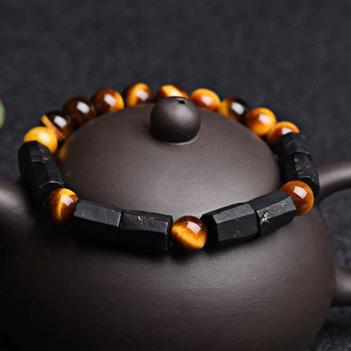 Buddha Stones天然ブラックトルマリン タイガーアイ ポジティブブレスレット