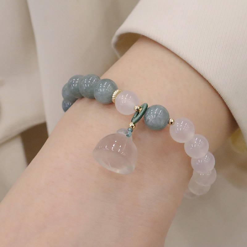 Buddha Stones白瑪瑙 翡翠 蓮の花 平和バックル 守護ブレスレット