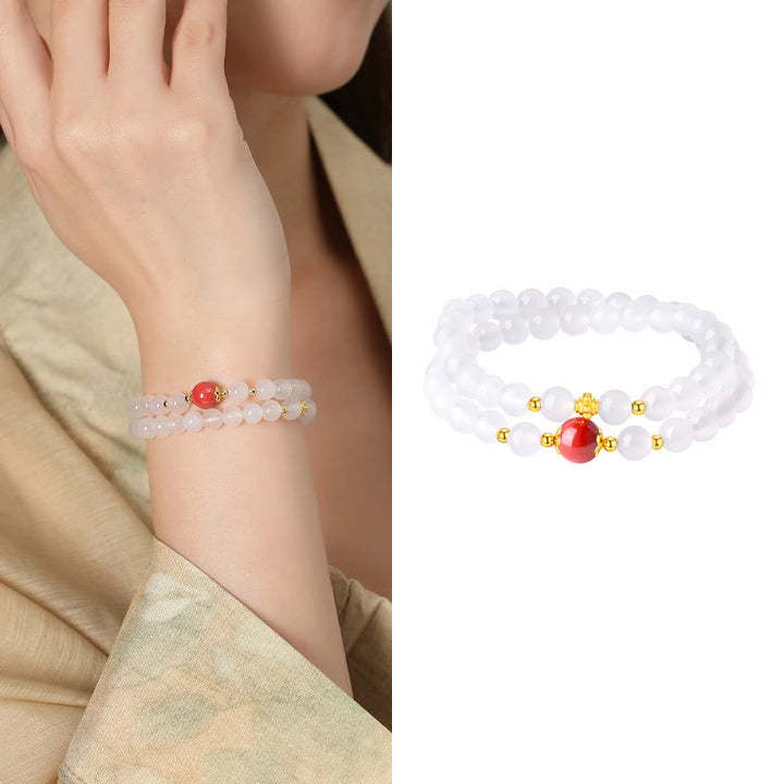 Buddha Stones 925スターリングシルバー 天然ホワイトアゲート 辰砂 ダブルラッププロテクションブレスレット