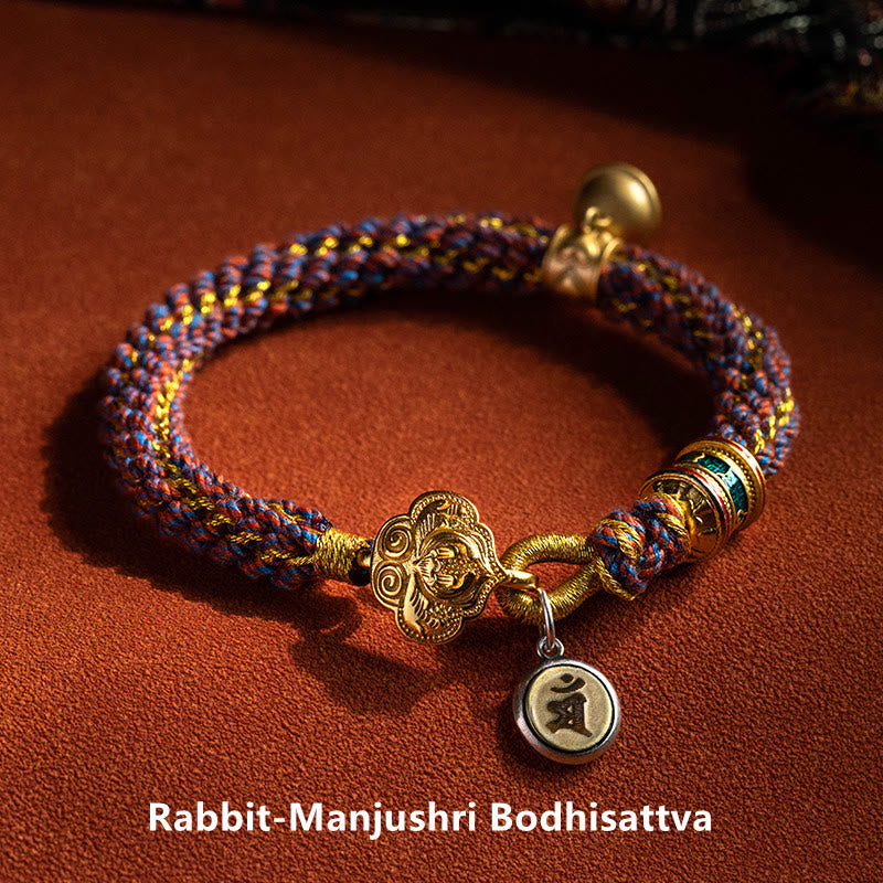 Buddha Stones925 スターリングシルバー十二支誕生仏オーム・マニ・パドメ・フム幸運の鐘 編み込みストリングブレスレット