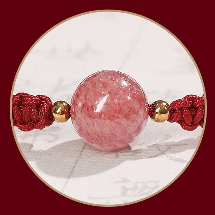 Buddha Stones天然ストロベリークォーツ クリスタル ラブ レッドストリング ウィーブ ブレスレット アンクレット