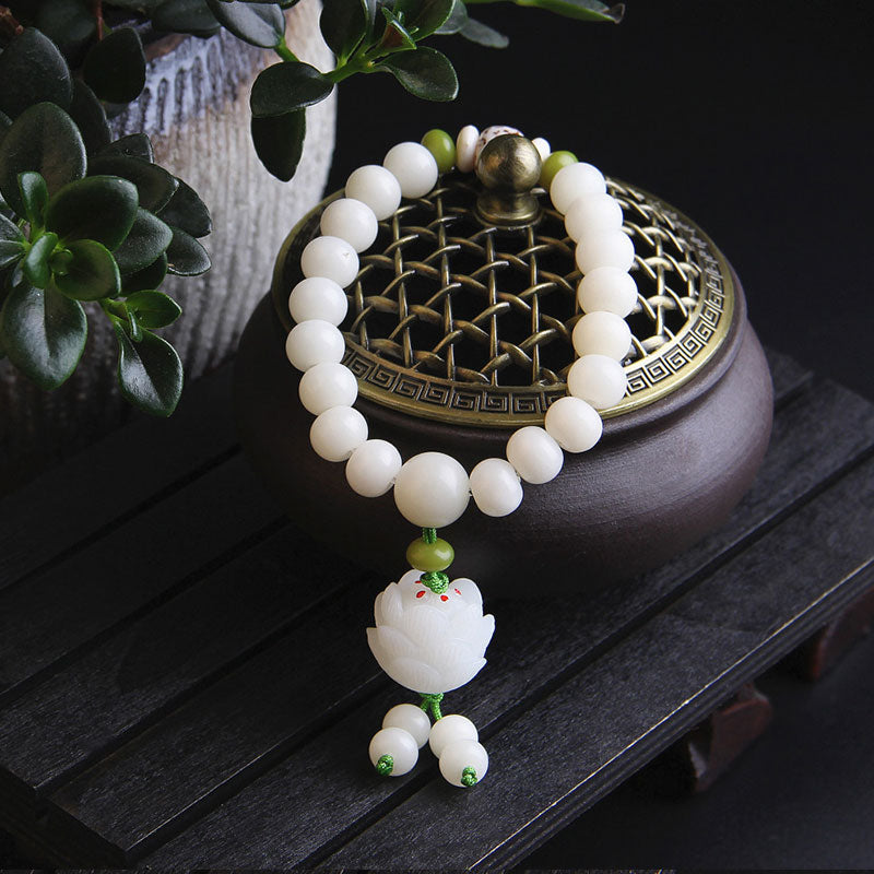 Buddha Stones蓮 天然ホワイト菩提樹幸運ブレスレット