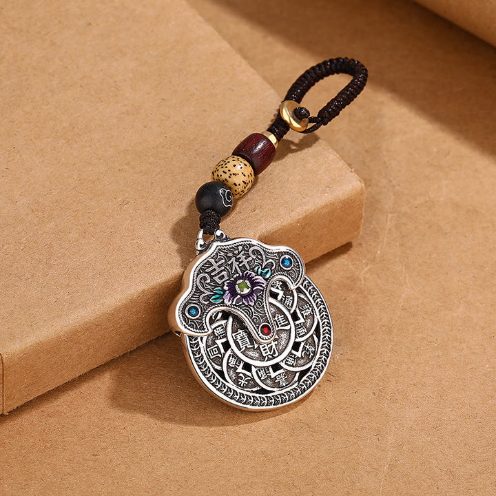 Buddha Stones牡丹の花銅貨縁起の良い富のキーホルダー