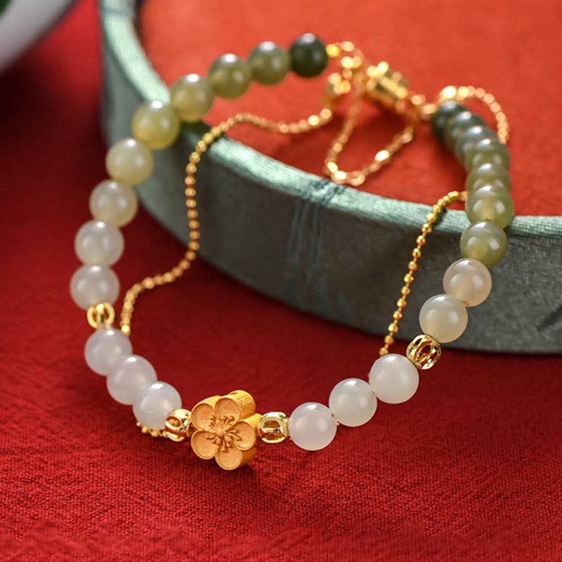 Buddha Stones 925スターリングシルバー 天然和田翡翠 桃の花 幸運のチェーンブレスレット
