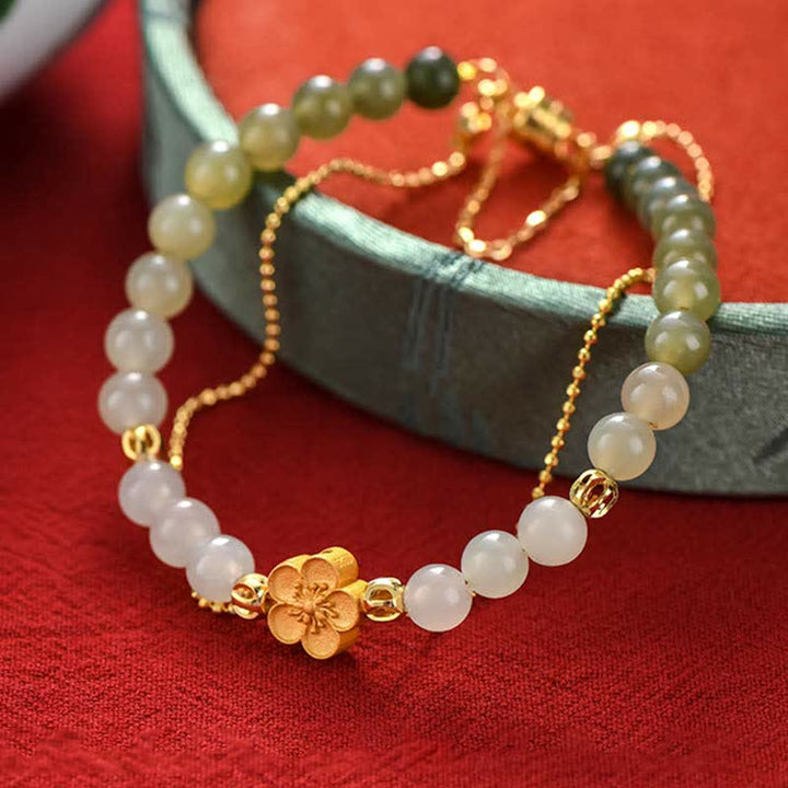 Buddha Stones 925スターリングシルバー 天然和田翡翠 桃の花 幸運のチェーンブレスレット