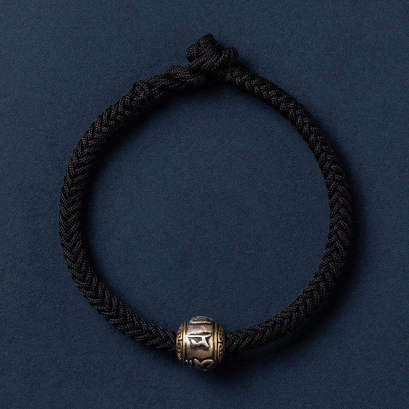 Buddha Stones925 スターリングシルバー チベット ハンドメイドオーム・マニ・パドメ・フム幸運の守護 キングコングノット 編み込みブレスレット