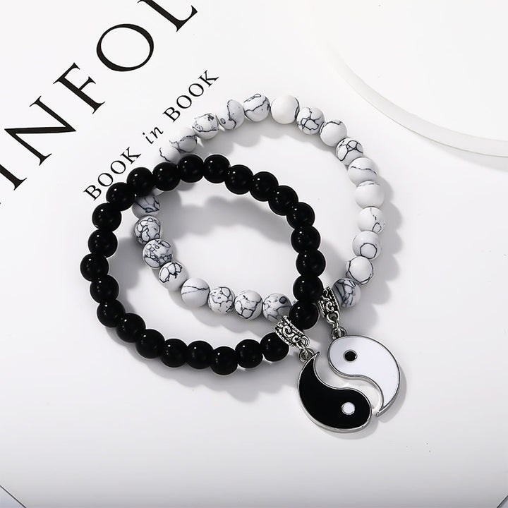 Buddha Stones2個入り ブラックオニキス ホワイトターコイズビーズ 陰陽守護 カップルブレスレット