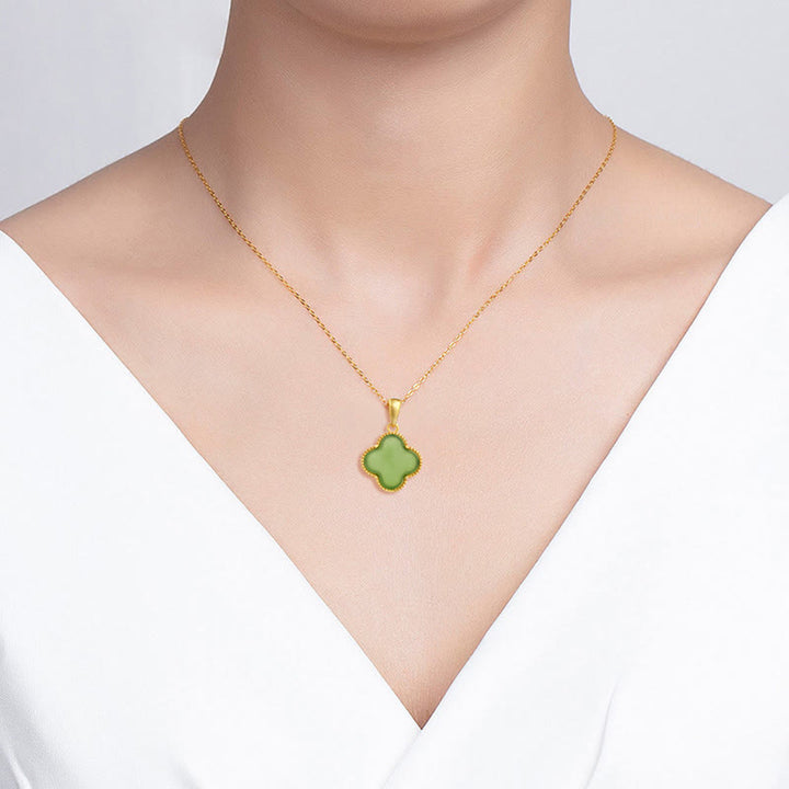 Buddha Stones 925スターリングシルバー 天然和田翡翠 幸運の四つ葉のクローバーネックレスペンダント