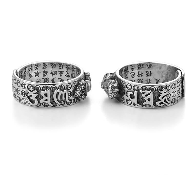 Buddha Stonesチベット 990 スターリングシルバーオーム・マニ・パドメ・フムドルジェ ヴァジュラ 般若心経 彫刻 富の指輪