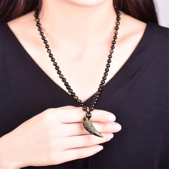 Buddha Stones天然黒曜石 氷の黒曜石 レインボーオブシディアン 狼の歯模様 強さのネックレスペンダント