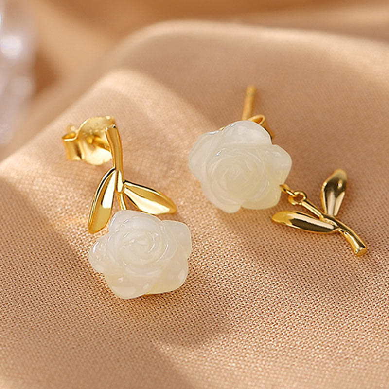 Buddha Stones 925スターリングシルバーメッキゴールド翡翠ローズフラワーシアン翡翠パール幸運イヤリング