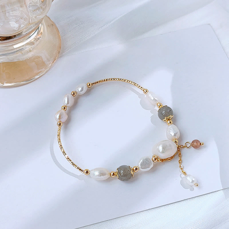 Buddha Stonesパールムーンストーンストロベリークォーツビーズオプティミズムブレスレット