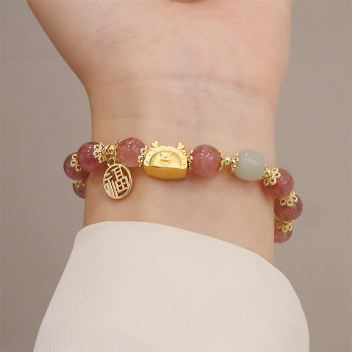 Buddha Stones赤瑪瑙 ストロベリークォーツ 黒曜石 翡翠 ガーネット 真珠 辰砂 団子型 龍 幸運 福 キャラクター ブレスレット - image 12