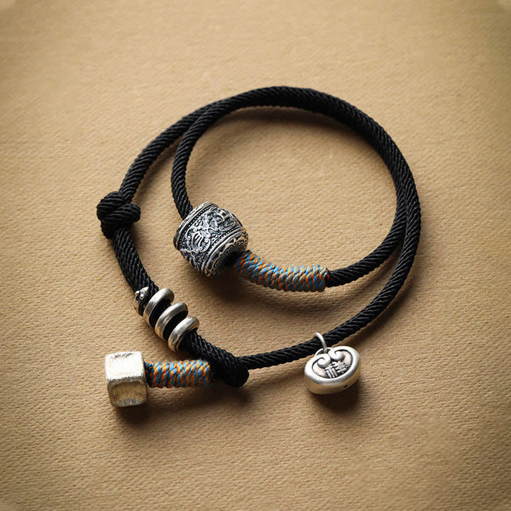 Buddha Stones手作り チベットオーム・マニ・パドメ・フム彫刻 縁起物 お守り ダブルラップ ロープブレスレット